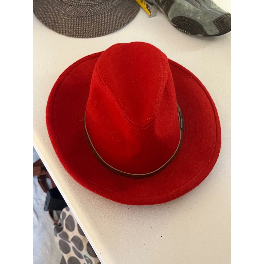 Vintage Eddie Bauer Red Felt Fedora Hat with Leather Band and Metal Accent